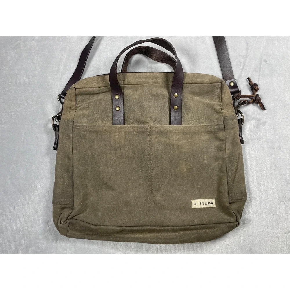 J. Stark Waxed Canvas Briefcase Messenger Bag Olive Brown Leather Strap USA
